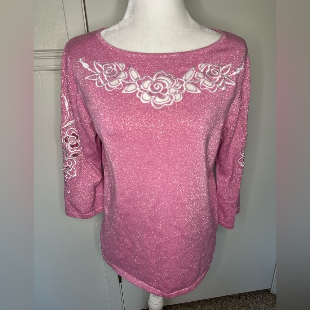 Bob Mackie Pink Sweater with Floral Embroidery size S
